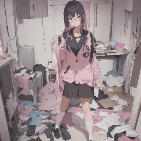 anime girl in a Messy room with a pink jacket and black skirt, Anime Moe Art Style, Cute girl anime visuals, Messy room, Dirty clothes, Anime Style 4k, Best anime 4k konachan wallpaper, Half Yamada, Yandere, destroyed clothes, Torn clothes, Burning, Anime ...