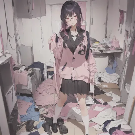 anime girl in a Messy room with a pink jacket and black skirt, Anime Moe Art Style, Cute girl anime visuals, Messy room, Dirty clothes, Anime Style 4k, Best anime 4k konachan wallpaper, Half Yamada, Yandere, destroyed clothes, Torn clothes, Burning, Anime ...