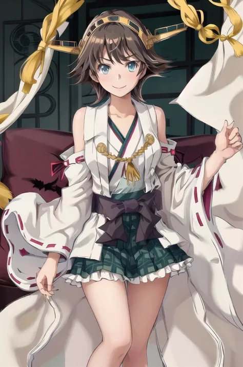 Highest quality, masterpiece, High resolution, alone, (Hiei Kai-2_Fleet Collection:1.15), オレンジ色hair, hairband, headgear, Non-traditional_Shrine maiden, smile, green_eye, Inverted up_hair, smile, One Girl, dependent_sleeve, green_skirt, Plaid, Plaid_skirt, ...