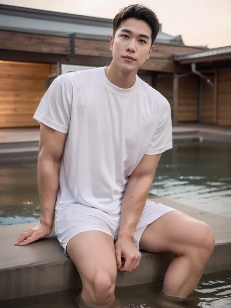 young man 20 years old , (ทรงผมแบบ crew cut: 1.3 ), black hair, short hair details, burly handsome man , white t-shirt ,white sw...