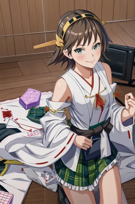 Highest quality, masterpiece, High resolution, alone, (Hiei Kai-2_Fleet Collection:1.15), オレンジ色hair, hairband, headgear, Non-traditional_Shrine maiden, smile, green_eye, Inverted up_hair, smile, One Girl, dependent_sleeve, green_skirt, Plaid, Plaid_skirt, ...