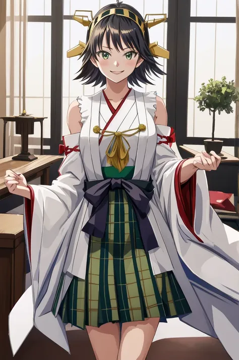 Highest quality, masterpiece, High resolution, alone, (Hiei Kaisan_Fleet Collection), オレンジ色hair, hairband, headgear, Non-traditional_Shrine maiden, smile, green_eye, Inverted up_hair, smile, One Girl, dependent_sleeve, green_skirt, Plaid, Plaid_skirt, ribb...