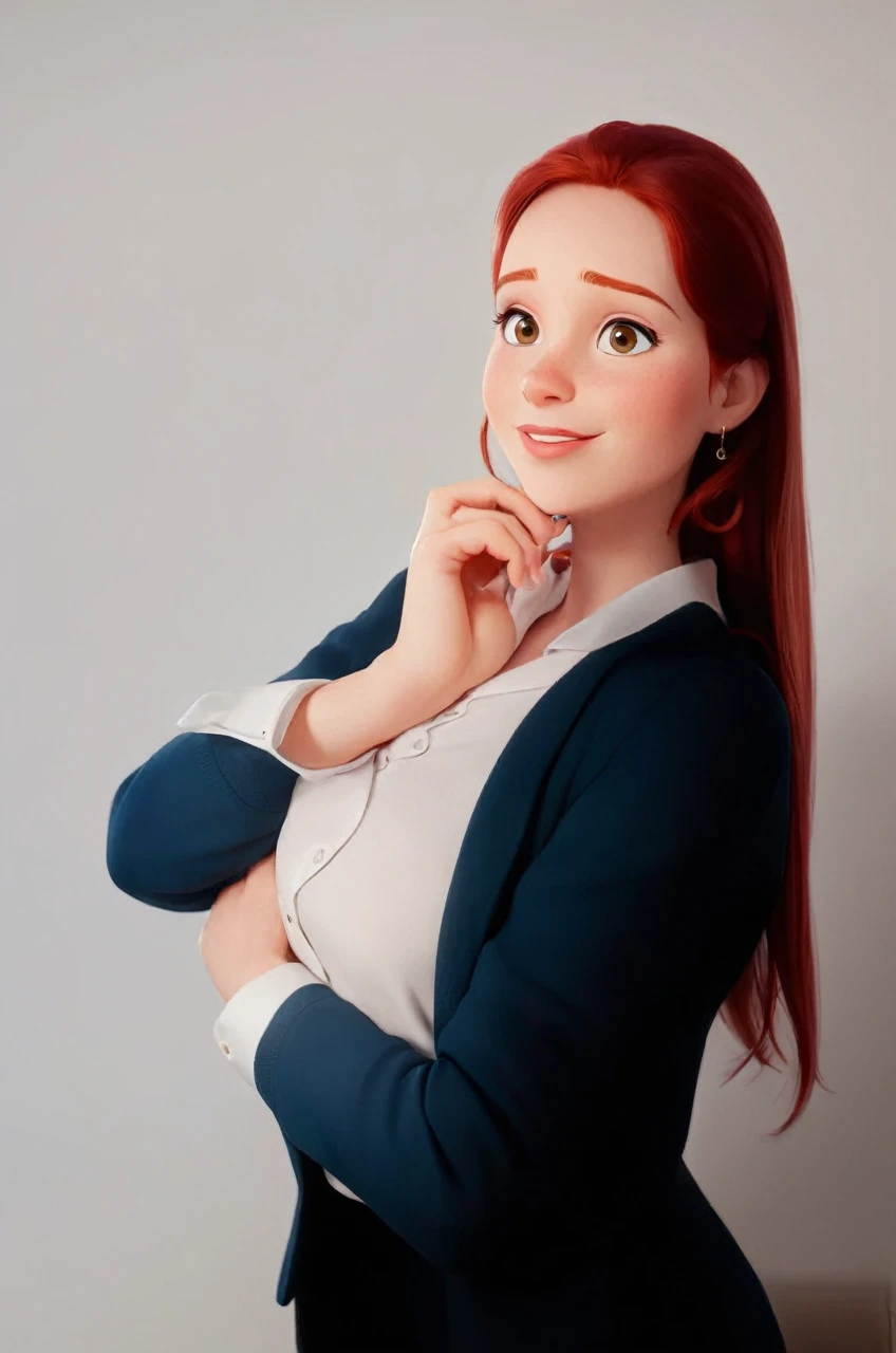 disney pixar style: 1.2) (adorable and cute girl: 1.15) (adult age 36: 1.15) redhead, straight hair, very thin blazer, huge brea...