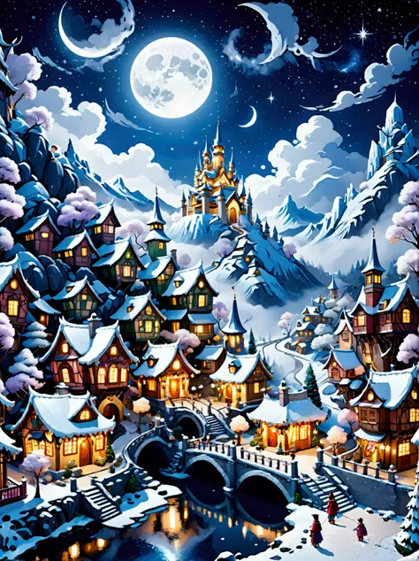 (masterpiece), (super detailed:1.3), best quality, (shiny:1.2), (a winter wonderland village in fantasy and mythology:1.4), (van...