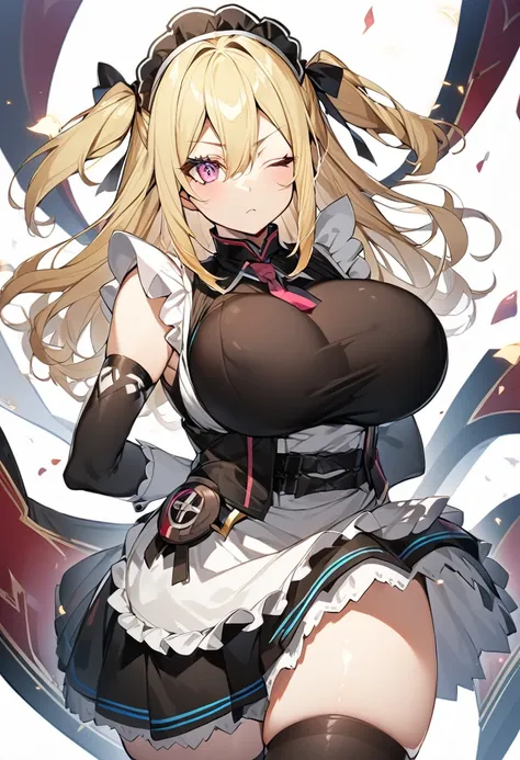 (One girl)、(medium length hair)、(sidelock)、((Blonde))、(slan eyes)、（boyish）、beautiful、(Big super breasts)、((Chubby))、Maid、No sleeve、mini skirt、White sleeveless、thigh-high socks thighhighs、(long gloves)、hairs between eyes、(coarse hair)、[flipped hair]、pink ey...