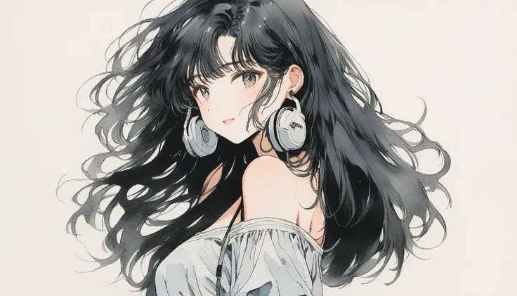 1 busty girl, Alone, Long gray hair, mediuml breasts, looking at letd side , ssmile, through bangs, summer cloths,The shirt, a skirt, exposed bare shoulders, close your mouth, a black eye, black colored hair, short- sleeved, side locks, Shiny, cropped shou...