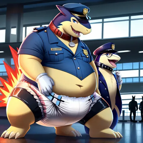 Male, fat, extremely obese, gentleman, dapper Typhlosion laying on the ground with legs spread apart, getting his diaper changed by another Typhlosion, blue eyes, (soft shading), 4k, hi res, ((detailed face, detailed)), looking at viewer, evil grin, Airpor...