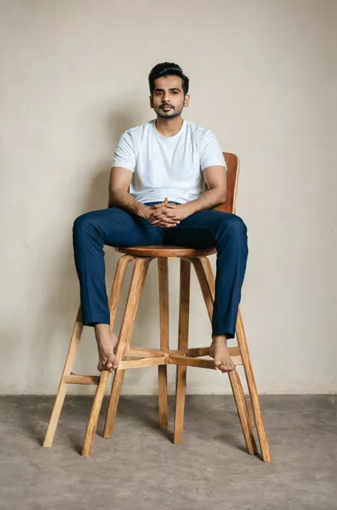 there is a man sitting in a chair with his hands crossed, full body photogenic shot, inspired by bikash bhattacharjee, khyzyl sa...