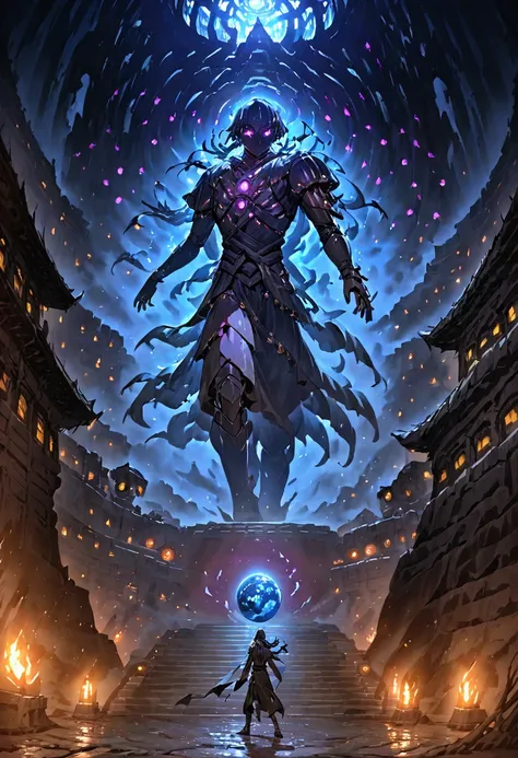 a sphere made of abyssal energy, purple with dark blue, inside a giant statue of a robot, with the background of a room inside a...