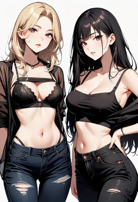 Two Women。,One is blonde with long hair、18-year-old、Headband、Large Breasts、Small waist、Big Ass、Mini hot pants、Cleavage、Oversized shirt、belly button、Bra shoulder straps。,The other has short black hair、18-year-old、slender、Small breasts、Small waist、Big Ass、Di...