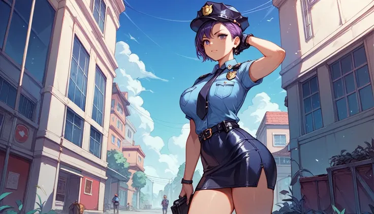 Anime Style,Girl,policewoman,mini skirt,Black purple hair、short hair,Large Breasts,Small waist,Big Ass,tall,