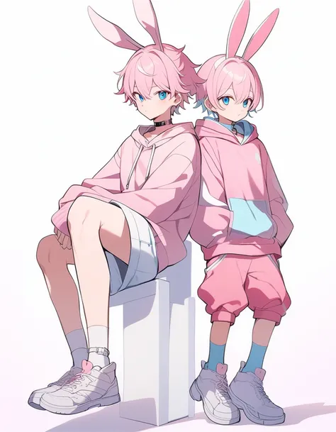 pink hair, boy, teen, rabbit ears, pink hoodie, blue eyes, choker, white shoes