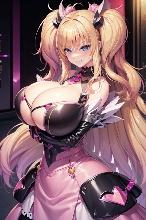 Erotic、Blonde、Big Breasts、Gothic Lolita、Tight waist、Pink and black latex dress　Pink line、adult、Married Woman、Evil female executive、tall、sexy、Wicked Smile、lure、Alluring、excited、Pitch black background、Dark bedroom at night