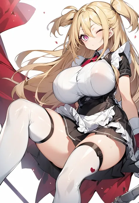 (One girl)、(medium length hair)、(sidelock)、((Blonde))、(slan eyes)、（boyish）、Sexy Body、(Big super breasts)、((Chubby))、Maid、No sleeve、mini skirt、White sleeveless、thigh-high socks thighhighs、(long gloves)、hairs between eyes、(coarse hair)、[flipped hair]、pink ey...