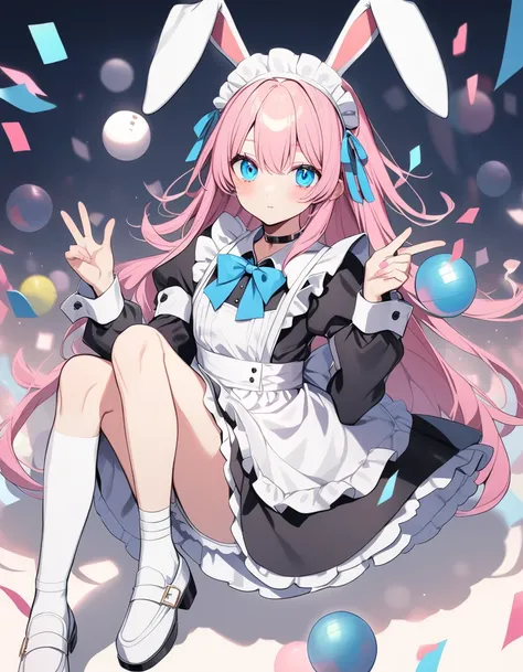 pink hair, boy, teen, rabbit ears, maid outfit, blue eyes, choker, white shoes