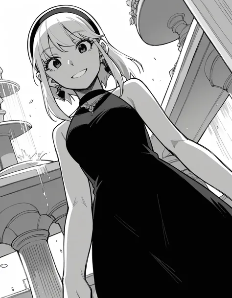 score_9, score_8_above, score_7_above, fountain_cheered up,
Yorbriar, your heather, black fur, earrings, white hair band, hair band, by the wide, side locks, monochrome, grayscale,
dress, neckline, bare shoulders, jewelry, clavicle, sleeveless, black dress...