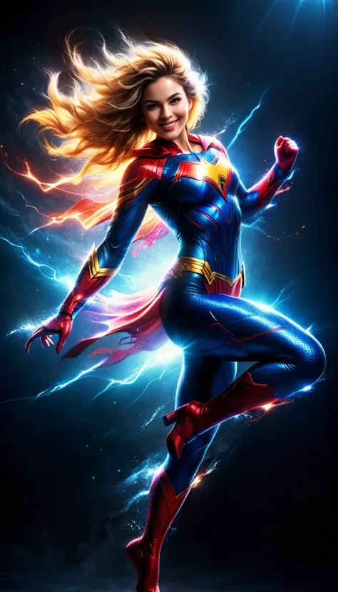 A woman superhero with tousled hair, flirtatious smile, strange powers, powerful superhero suit, dynamic model pose, full body shot, digital art, 8k, hyperrealistic, high contrast, dramatic lighting, vibrant colors, cinematic composition, volumetric lighti...