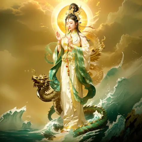 mercy buddha, surrounded by a dragon, sea wave, goddess, chinese mythology, chinese female taoist priest, luxurious headdress, e...