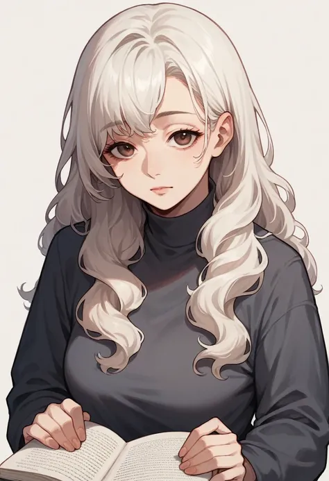 1woman, mature female, aged up, wavy long hair, white hair, hazel/brown eyes, bangs, long sleeves, finely detailed eyes and detailed face, extremely detailed, reading book happily, with the book in hands,looking at viewer, solo, upper body