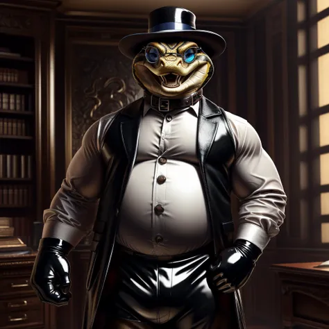 Solo, Male, fat, extremely obese, gentleman, dapper Professor Snake with fangs, mob boss, blue eyes, (posing:1.3), (soft shading), 4k, hi res, ((detailed face, detailed)), looking at viewer, mouth wide open, evil laugh, dapper clothing, collared shirt with...