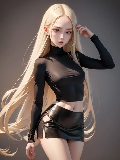 (best quality), 1girl, female, porcelain skin, blonde hair, straight hair, long hair, swoopy tips, Flipped-up ends, brown eyes, perfect eyes, crop turtleneck top, black skirt, slender, , small bust, shy, masterpiece, anatomically correct, highres
