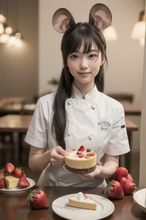 chibi,  perfect-composition,  Perfect pictorial composition,  Creative poster,  Cute,  (mouse dressed as a chief),  (mouse as chef),  (Decorating a Really Delicious Cheesecake),  (Cream cheese cake with strawberries),  (messy table),  (There are pieces of ...