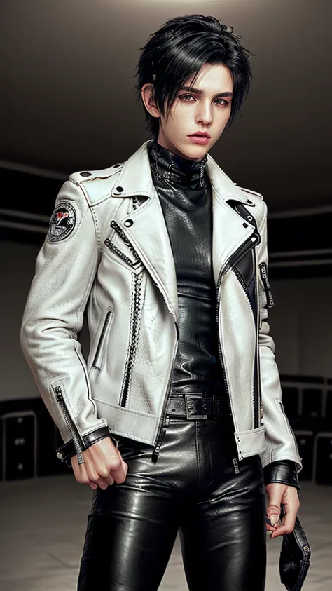 Final fantasy taste and reality graphics, ((Japanese young cute and cool ikemen  boy)), his age is early 20s, thin eyebrows and beady eyes,  ((he wearing off white color leather  thick and heavy material jacket)), ((jacket is single brest)), ((biker style ...