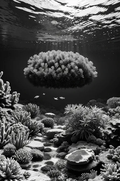 Generate underwater plant and animal image black and white for colouring for kids