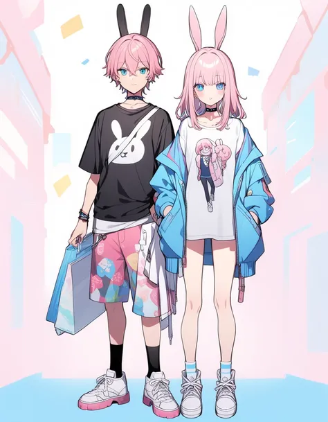 pink hair, boy, teen, rabbit ears, t shirt, jacket, blue eyes, choker, white shoes