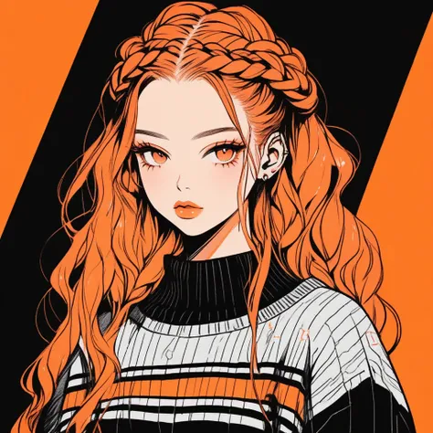 (Highest quality, sketch:1.2),Realistic,Illustrator,anime,1 girl, Detailed lips,sweater,custom,Orange gradient background, Neon Hair, Braid, Texture Cropping, masterpiece, Style: Retro Classic, Dark Black 