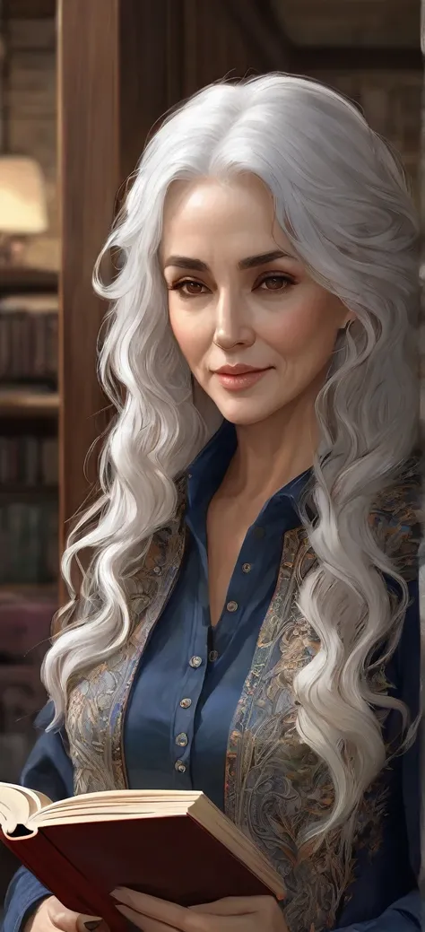 1woman, mature female, aged up, wavy long hair, white hair, hazel/brown eyes, bangs, long sleeves, finely detailed eyes and detailed face, extremely detailed, reading book happily, with the book in hands,looking at viewer, solo, upper body