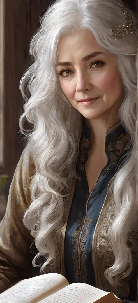 1woman, mature female, aged up, wavy long hair, white hair, hazel/brown eyes, bangs, long sleeves, finely detailed eyes and detailed face, extremely detailed, reading book happily, with the book in hands,looking at viewer, solo, upper body