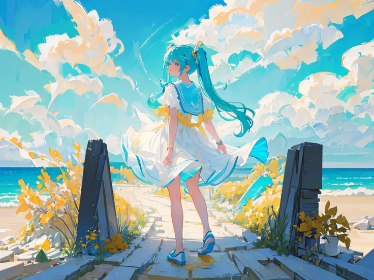 masterpiece, best quality, upper body, 1girl, looking at viewer, cyan hair, blue sky background, long twintails, white sundress, gold decorations on clothes, 8K, absurdres