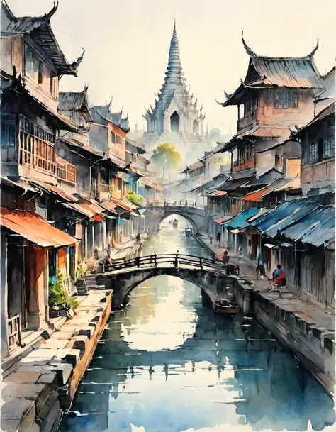 ayuthaya、vague、mont、river、calm waves、bridge、wood、people passing by、modern town、the way、skyscrapers visible in the distance、ink a...