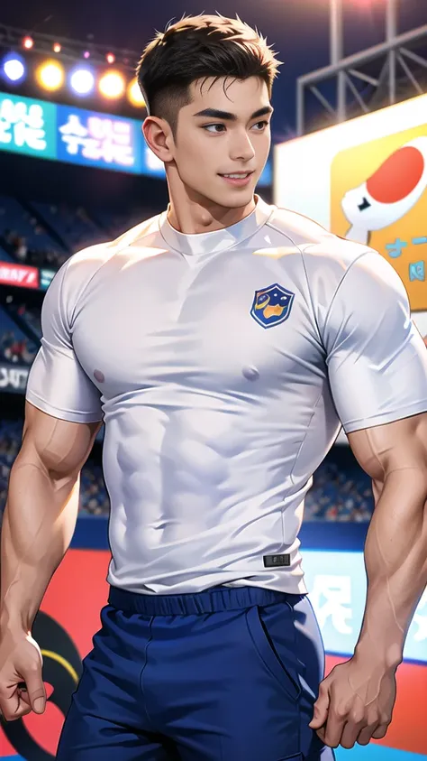 1 man, smile, (wearing white clothes, round neck, short sleeve football shirt.), Navy cargo pants, Korean guy , korean men, (High gloss details), chest muscles, Big arm muscles, blood vessel, big muscles, Broad shoulders, looking at the audience, Balancing...