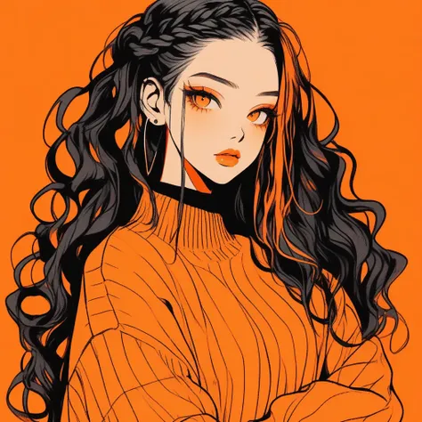 (Highest quality, sketch:1.2),Realistic,Illustrator,anime,1 girl, Detailed lips,sweater,custom,Orange gradient background, Neon Hair, Braid, Texture Cropping, masterpiece, Style: Retro Classic, Dark Black 