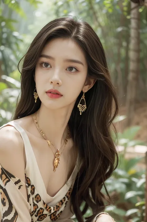 (((best quality))),(((ultra detailed))),(((masterpiece))),illustration,((1 beautiful girl,solo)),(shoulder length messy hair:1.2),((Beast bone earrings and necklace)),((slim,thin)),((small breasts,flat chest)),(slender legs:1.2),fair complexion,(leopard pr...