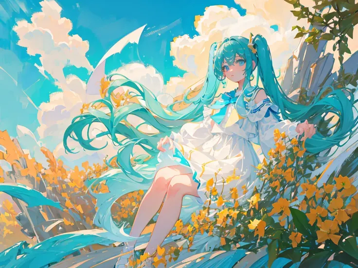 masterpiece, best quality, from knee up, 1girl, looking at viewer, cyan hair, blue sky background, long twintails, white sundress, gold decorations on clothes, 8K, absurdres, skirt lifted naturally