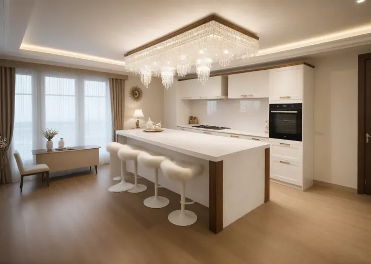 Masterpiece, Best quality,8K, Ultra-high resolution,When you step into the Kitchen and dinning room,Immediately surrounded by a rich atmosphere of luxury。Ornate crystal chandeliers hang high on the wall,Shine brightly。Kitchen island  was covered with a sof...