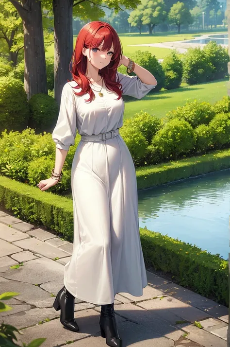 ((masterpiece, best quality)), 1girl, beautiful woman walking on stone path, wearing white long sleeve blouse and black maxi skirt, necklace, bracelet, black boots, full body, red hair, tree, leaves, summer, stone wall, lake, ruins, rocks