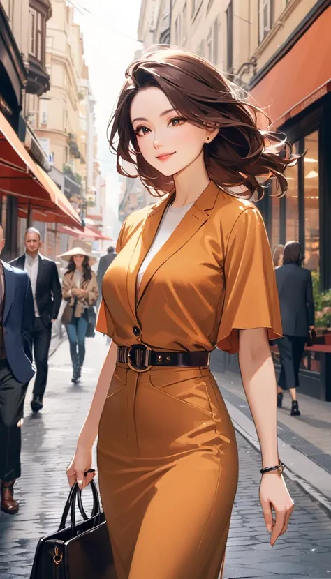 (upper body), a woman, dark brown hair, stylish outfit, mature female, light smile , carrying a designer bag in her hand, strolling through city