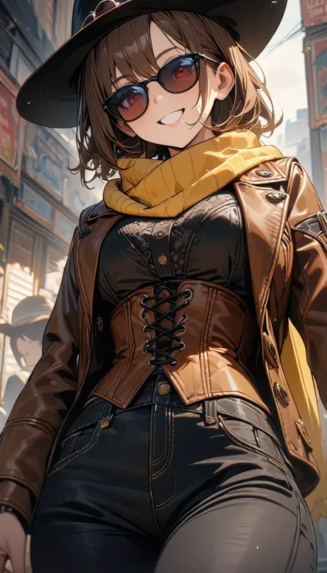 adult girl, short brown hair, red eyes, hat, sunglasses, brown leather jacket, black jeans, corset, yellow scarf, smile, Masterpiece, best quality, Full HD, 8k, ultra details, great graphic