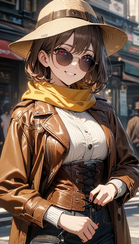 adult girl, short brown hair, red eyes, hat, sunglasses, brown leather jacket, black jeans, corset, yellow scarf, smile, Masterpiece, best quality, Full HD, 8k, ultra details, great graphic