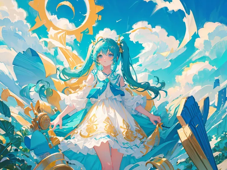 masterpiece, best quality, from knee up, 1girl, looking at viewer, cyan hair, blue sky background, long twintails, white sundress, gold decorations on clothes, skirt lifted naturally