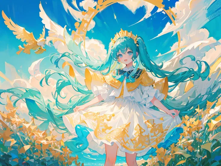 masterpiece, best quality, from knee up, 1girl, looking at viewer, cyan hair, blue sky background, long twintails, white sundress, gold decorations on clothes, skirt lifted naturally