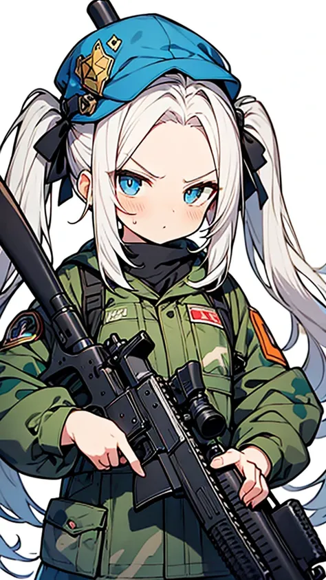 Super skillful anime style illustration,hairstyle with high-forehead,white hair,twintail hair,blue eyes,Wearing camouflage clothing, camouflage hats, rifles, and survival games,
serious face,Short stature disproportionate to age,13yo and 120cm,