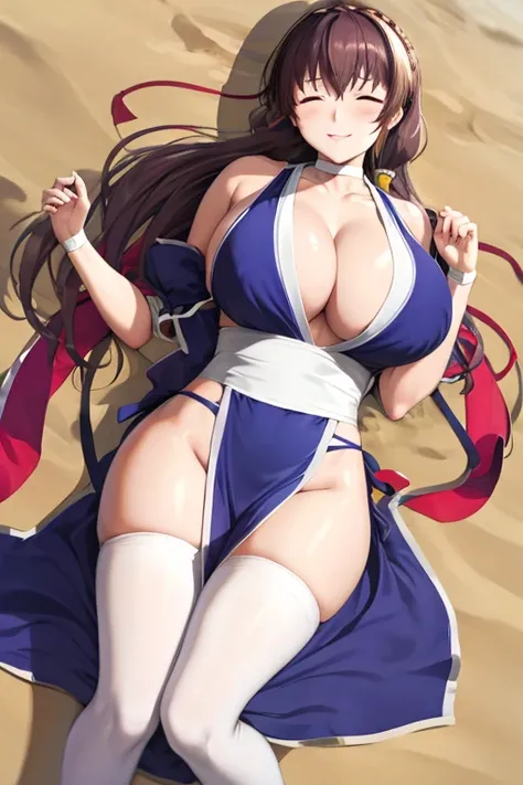 masterpiece, best quality, beautiful art, high resolution, well formed hands, body and fingers, 1 woman, solo, Nozomi Toujou , hair ornament,  adult, grown up, big breasted, cleavage,  full body, braided long hair, blue_japanese_clothes, wearing DOA Kasumi...