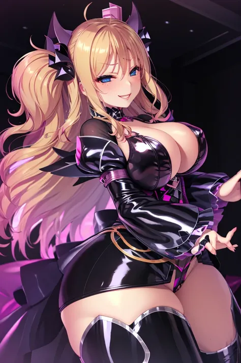 Erotic、Blonde、Big Breasts、Gothic Lolita、Tight waist、Pink and black latex dress　Pink line、adult、Married Woman、Evil female executive、tall、sexy、Wicked Smile、lure、Alluring、excited、Pitch black background、Dark bedroom at night