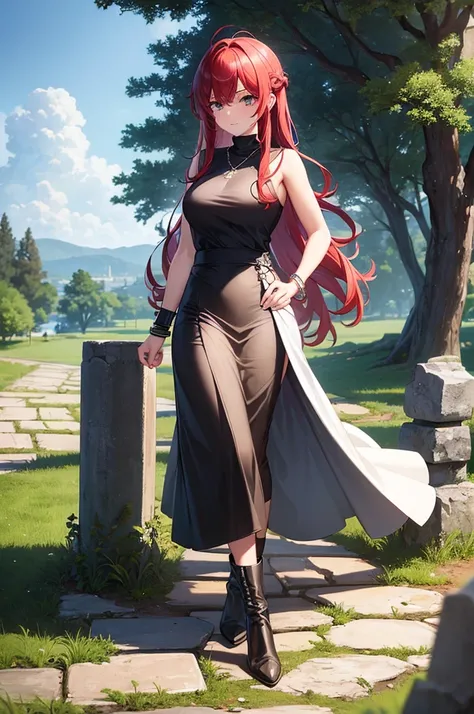 ((masterpiece, best quality)), 1girl, beautiful woman walking on stone path, wearing white hoodie and black maxi skirt, necklace, bracelet, black boots, full body, red hair, tree, leaves, summer, stone wall, lake, ruins, rocks