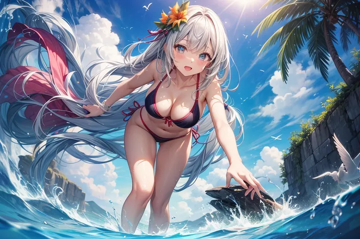 masterpiece, best quality, high quality, detailed, ultra detailed, hyper detailed, insanely detailed, exquisite, beautiful, FHD, Full-HD, 4K, 8K, 16K, highres, absurdres,summer girls!!,swim suit,(dynamic angle),full body